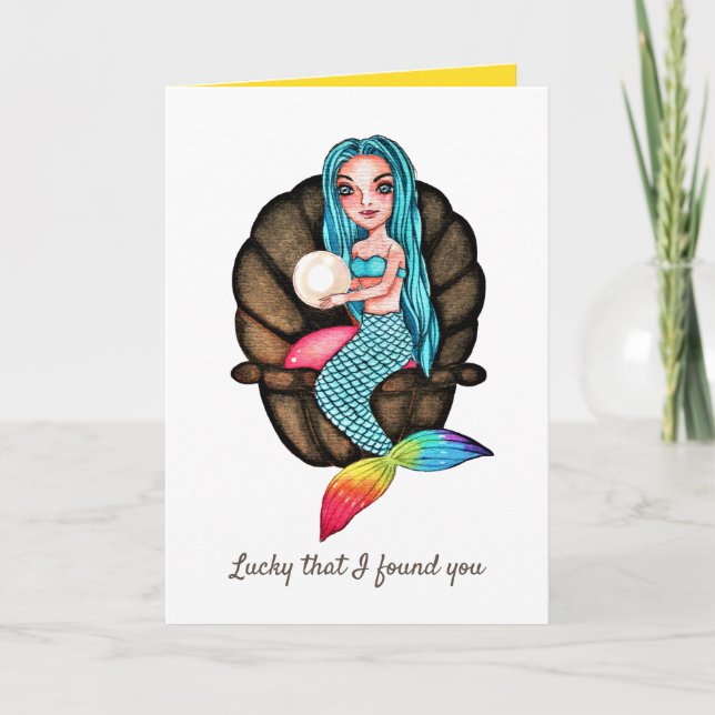 Cartão Sereia Arco-Íris Com Pérola Em Aquarela (Frente)