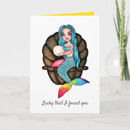 Cartão Sereia Arco-Íris Com Pérola Em Aquarela