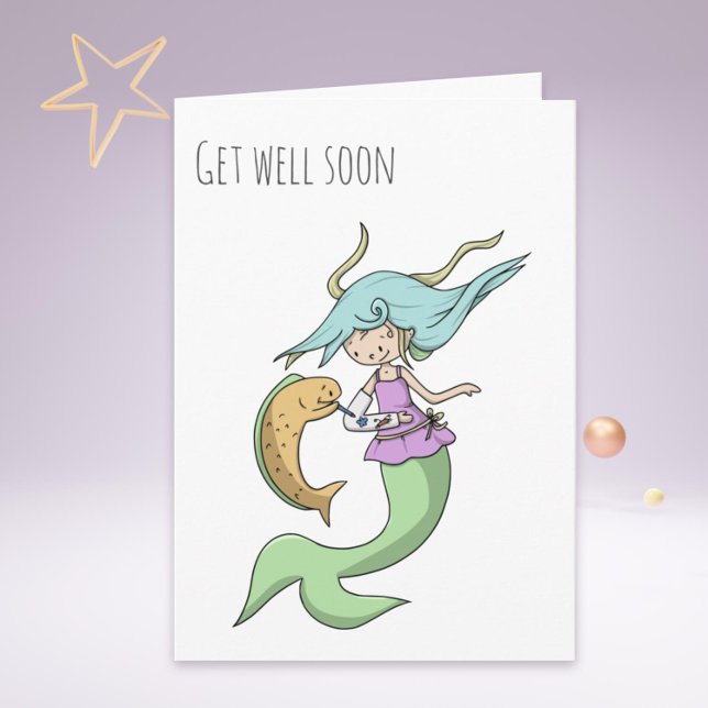 Cartão Sereia com braço quebrado e peixes se tornam bons  (Mermaid with a Broken Arm and Fish Get Well Soon Card)