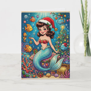 Cartão Sereia de Desenho Animado Natal Vintage