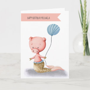 Cartão Sereia de Porcos Bonita com Aniversário Minimalist