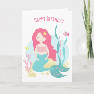 Cartão    Sereia Fofa Rosa e Aniversário de Menina de Hor