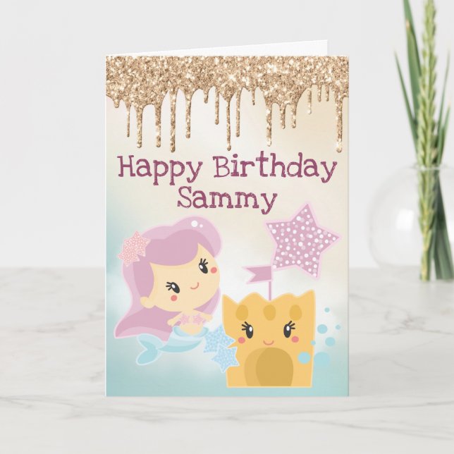 Cartão Sereia Kawaii e Bolo de Aniversário com Gradiente  (Frente)