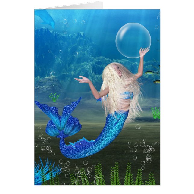 Cartão Sereia loura bonito com bolha (Frente)