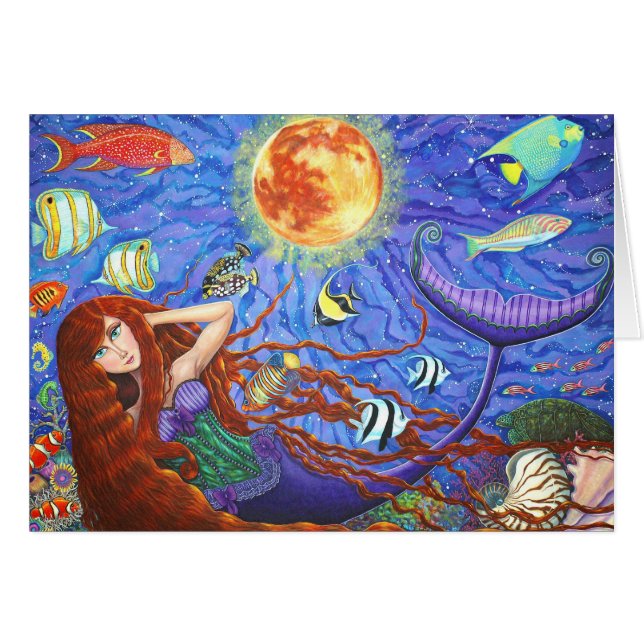 Cartão Sereia ruiva em Corset com Lua e Peixe (Frente Horizontal)