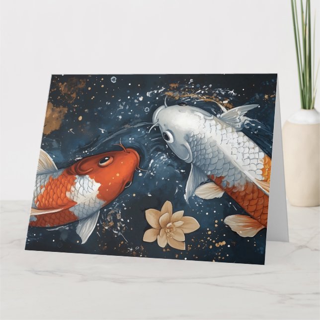 Cartão Serene Koi Fish com Flores de Lotus (Frente)