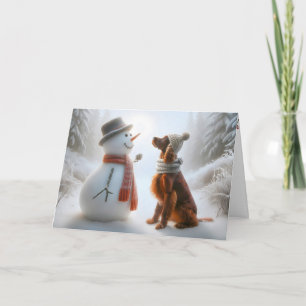 Cartão Setter Irlandês de Natal Com Boneco de Neve