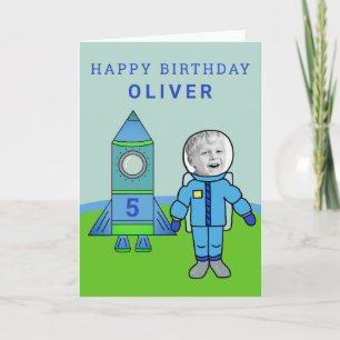 Cartão Seu Foto Menino Astronauta Fofo Foguete Aniversári