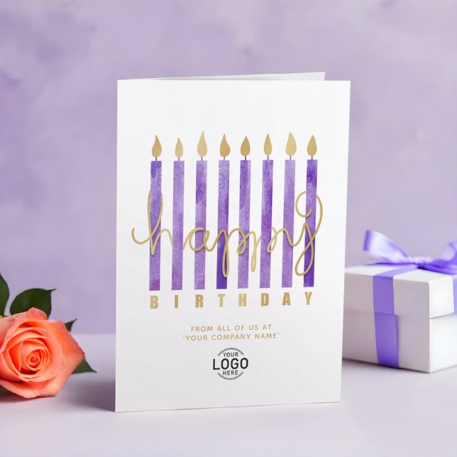 Cartão Seu logotipo Velas Roxas Feliz Aniversário (Criador carregado)