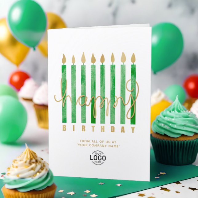 Cartão Seu logotipo verde velas comerciais Feliz aniversá (Criador carregado)