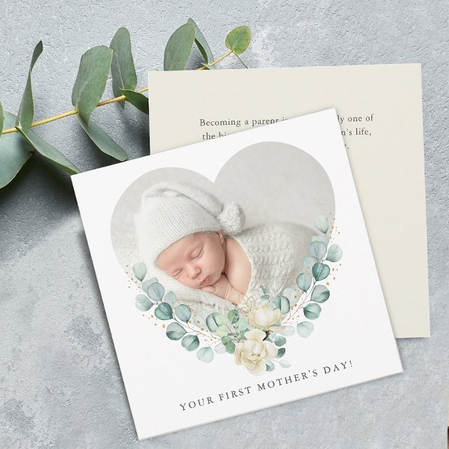 Cartão Seu primeiro Dia de as mães de Foto Floral Flat (Your First Floral Heart Photo Mother's Day Flat Card)