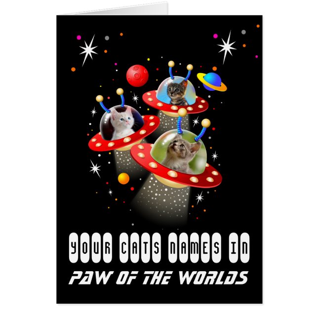 Cartão Seus 3 Gatos em uma Cena Sci Fi OFO espaçador de A (Frente)