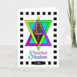 Cartão Shabbat Shalom greeting card<br><div class="desc">This extremely colorful and lit menorah proudly sit atop a quite colorful Star of David and carries the joyful Shabbat Shalom message.  Interior card is coordinated,  bordered and has date area,  all for your writing pleasure.  Shabbat Shalom!  ~ karyn</div>