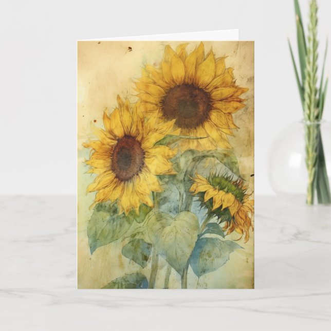 Cartão Shabby Sunflower Watercolor Ilustração Saudação (Frente)