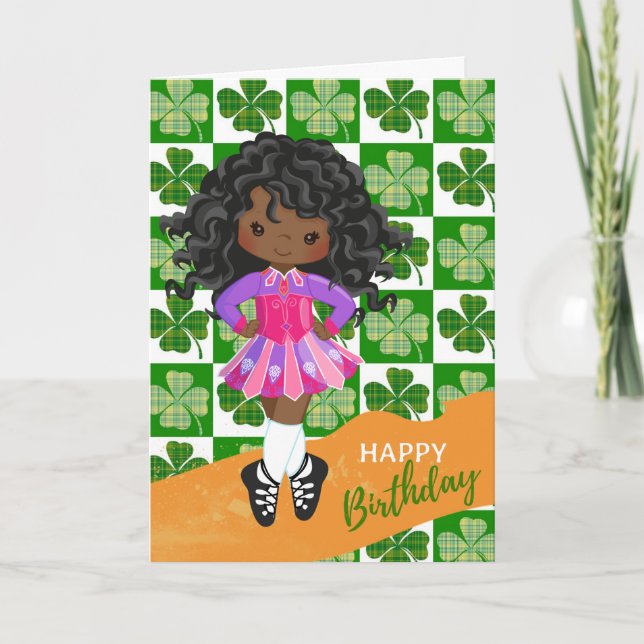 Cartão Shamrock Irish Dance Black Girl Aniversário (Frente)