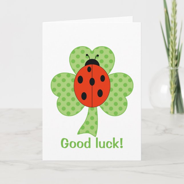 Cartão Shamrock Polka dots and ladybug Good luck! (Frente)