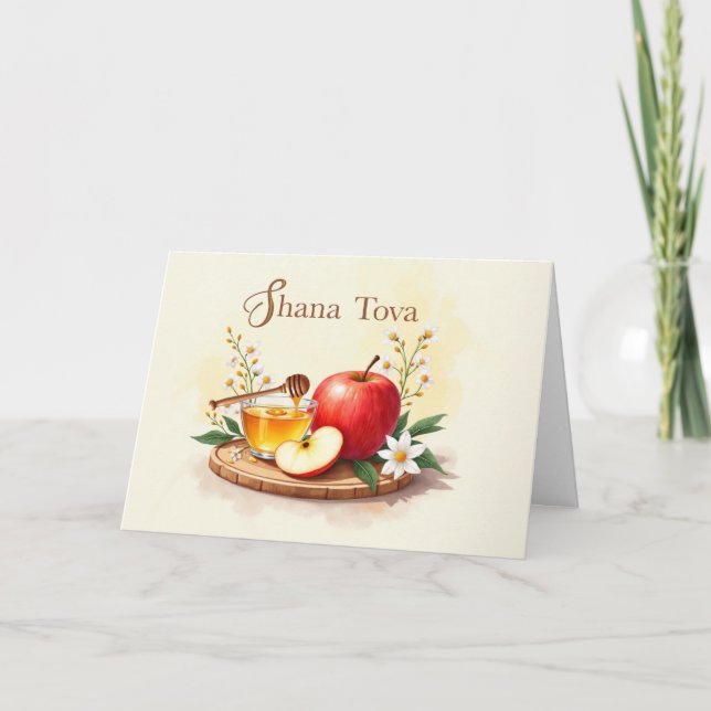 Cartão Shana Tova Rosh Hashanah Apple e flores de mel (Frente)