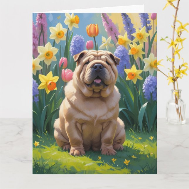 Cartão Shar Pei Cachorro Flores de Mola (Flor Amarela)