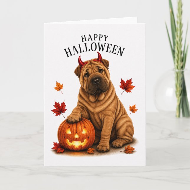 Cartão Shar Pei Halloween Diabo Cão (Frente)
