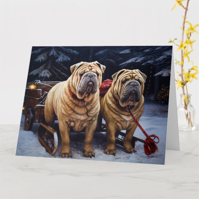 Cartão Shar Pei Snowy Sleigh Decência de Natal (Flor Amarela)