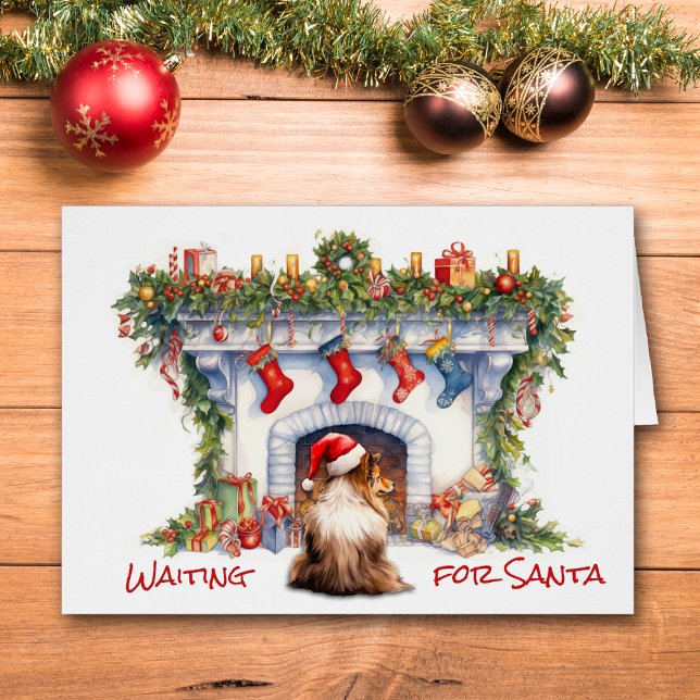 Cartão Sheltie Dog Espere por Papais noeis Lareira de Nat (Criador carregado)