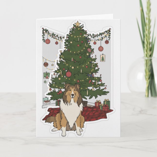 Cartão Sheltie junto à árvore de Natal (Frente)