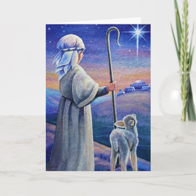 Cartão Shepherd Boy Lamb & Star Watercolor Art (Frente)