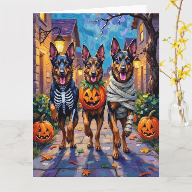 Cartão Shepherd Dogs Belga - Trick-or-Tratating Halloween (Flor Amarela)