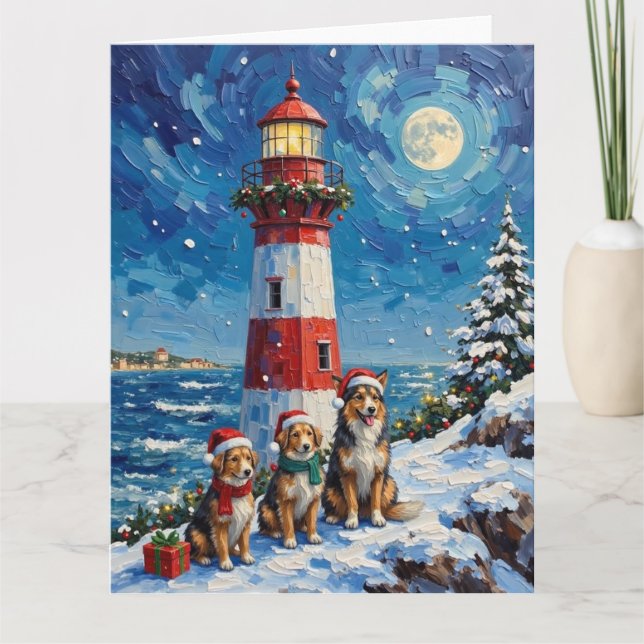Cartão Shetland Sheepdog Christmas Lighthouse Holiday (Frente)