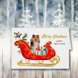 Cartão Shetland Sheepdog de Natal<br><div class="desc">Neste cartão de Férias, um lindo Shetland Sheepdog está sentado num bonito trenó decorativo vermelho e dourado. Ao lado do cão, senta-se pacotes de presentes amarrados com arcos coloridos, e atrás do trenó está o Holly com frutas vermelhas. O texto dourado à direita diz "MERRY CHRISTMAS" e seu texto personalizado...</div>