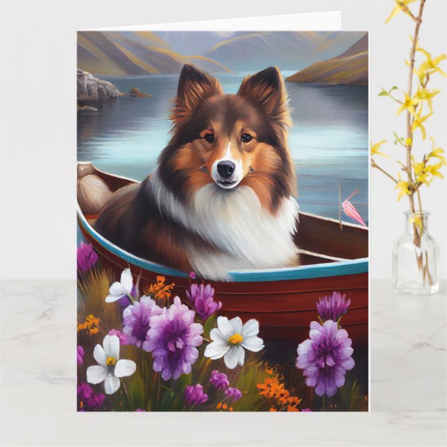 Cartão Shetland Sheepdog em um remo: Uma aventura cêntric (Flor Amarela)