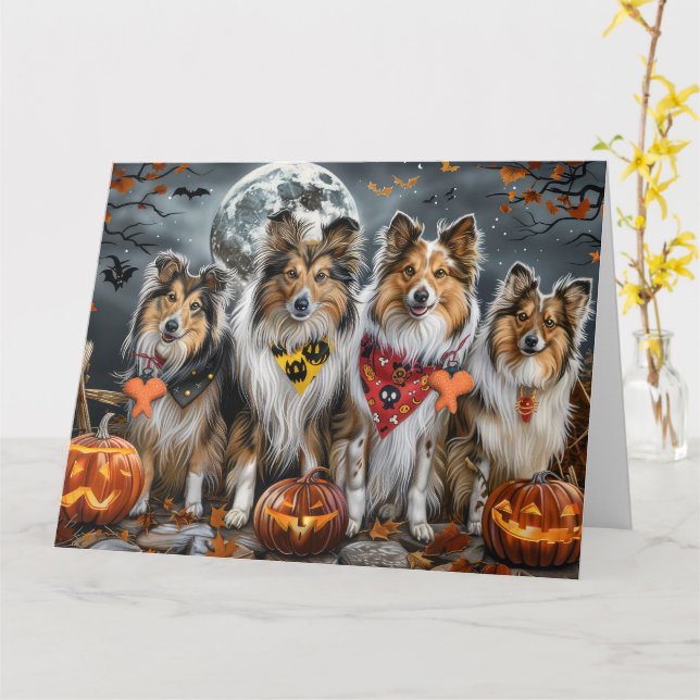 Cartão Shetland Sheepdog Halloween Spooky (Flor Amarela)