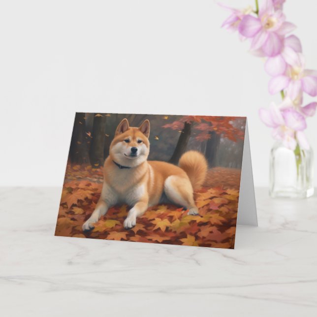 Cartão Shib Inu no outono deixa cair inspiração (Orquídea)