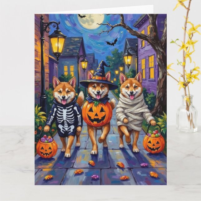 Cartão Shiba Inu Dogs in Halloween Costumes (Flor Amarela)