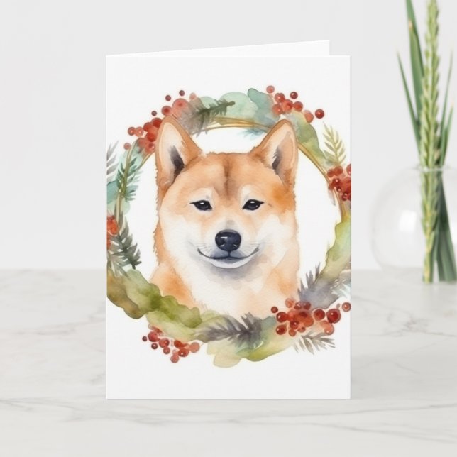 Cartão Shiba Inu Wreath Festivo (Frente)