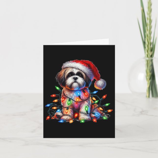 Cartão Shih Tzu Christmas Luz Santa Hat Cão (Frente)