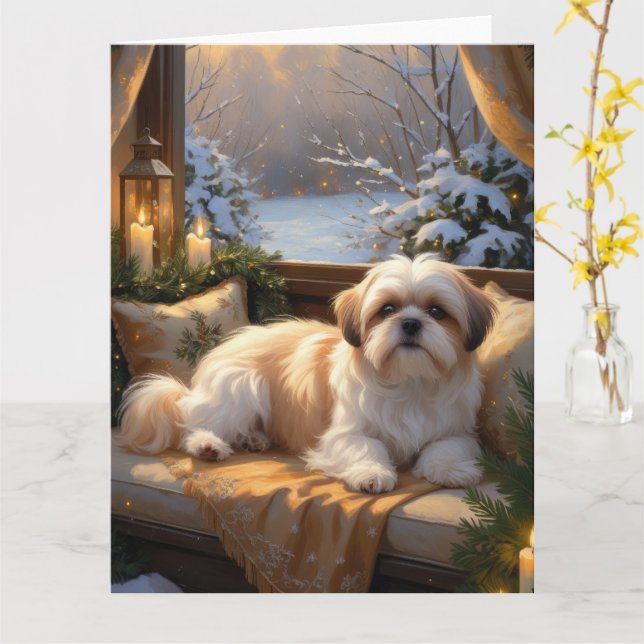 Cartão Shih Tzu com Férias das Luzes de Natal (Flor Amarela)
