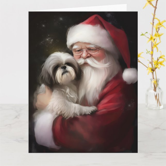 Cartão Shih Tzu Com Papai Noel Natal Festivo (Flor Amarela)