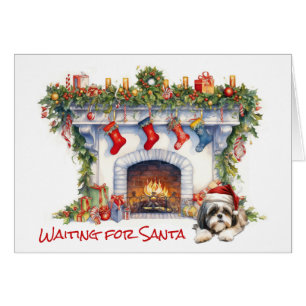 Cartão Shih Tzu Dog Espera por Papais noeis de Lareira de