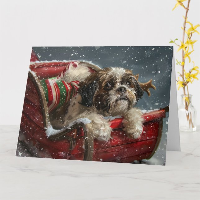 Cartão Shih Tzu Dog Natal Festivo (Flor Amarela)