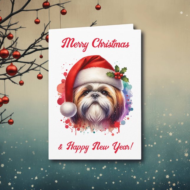 Cartão Shih Tzu Dog no Natal de Santa Hat (Criador carregado)