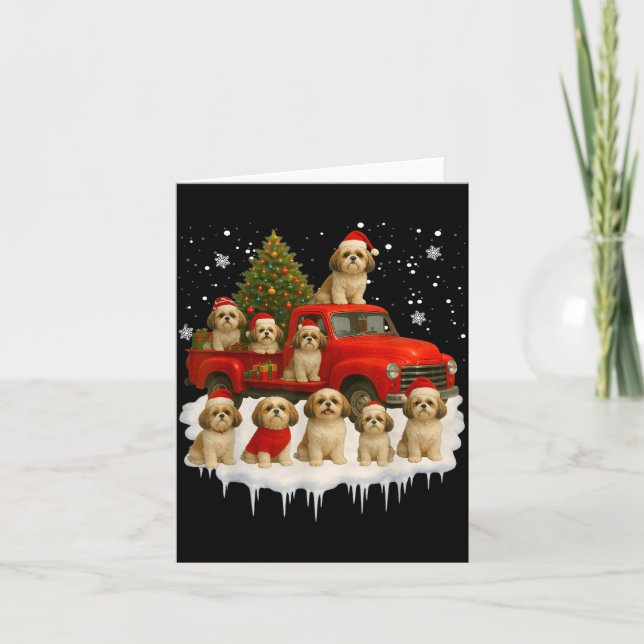 Cartão Shih Tzu Dog Red Truck Christmas Tree Santa Ugly X (Frente)