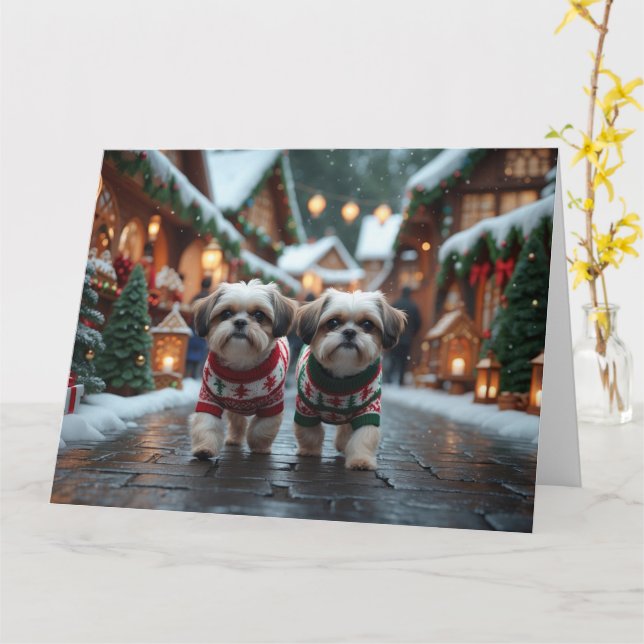 Cartão Shih Tzu Dogs Natal Férias de Neve (Flor Amarela)