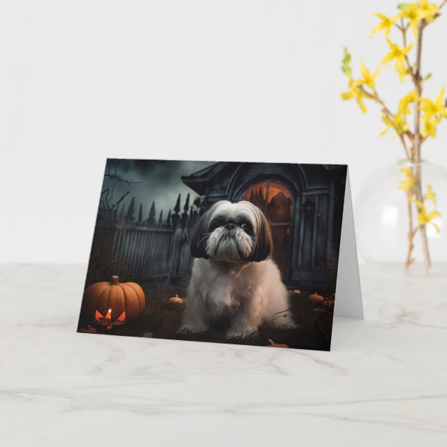Cartão Shih Tzu Halloween Scary (Flor Amarela)