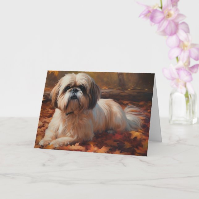 Cartão Shih Tzu no outono deixa cair inspiração (Orquídea)