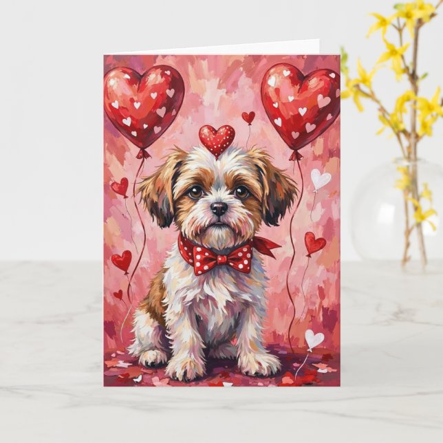 Cartão Shih Tzu Valentine Dog Sitting with Hearts Red (Flor Amarela)