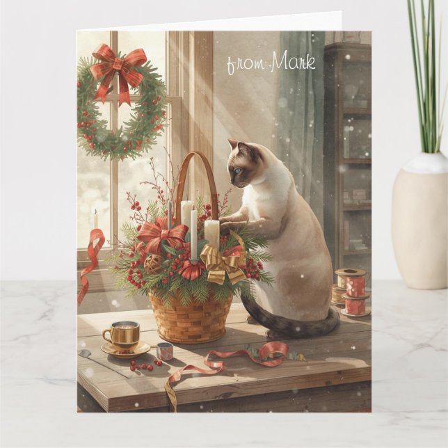 Cartão Siamese Cat arranging Flowers for WinterChristmas  (Frente)