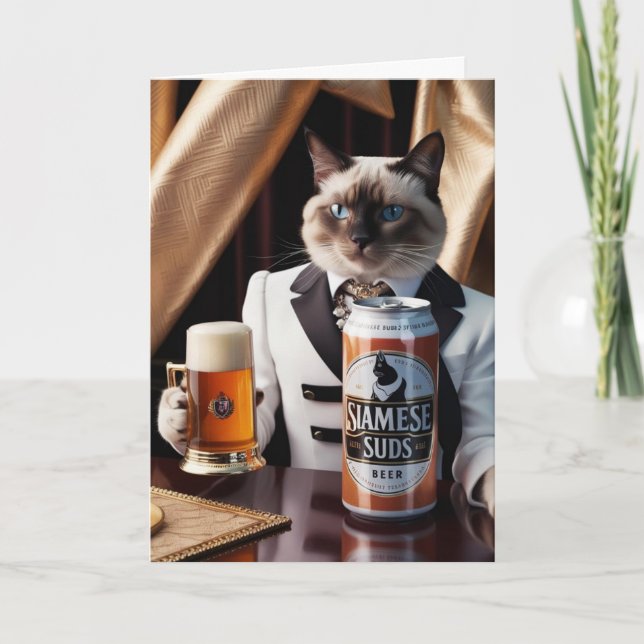 Cartão Siamese Cat Beer Drinker (Frente)