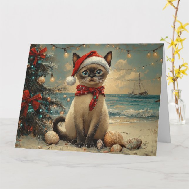 Cartão Siamese Cat Christmas Vintage Beach (Flor Amarela)