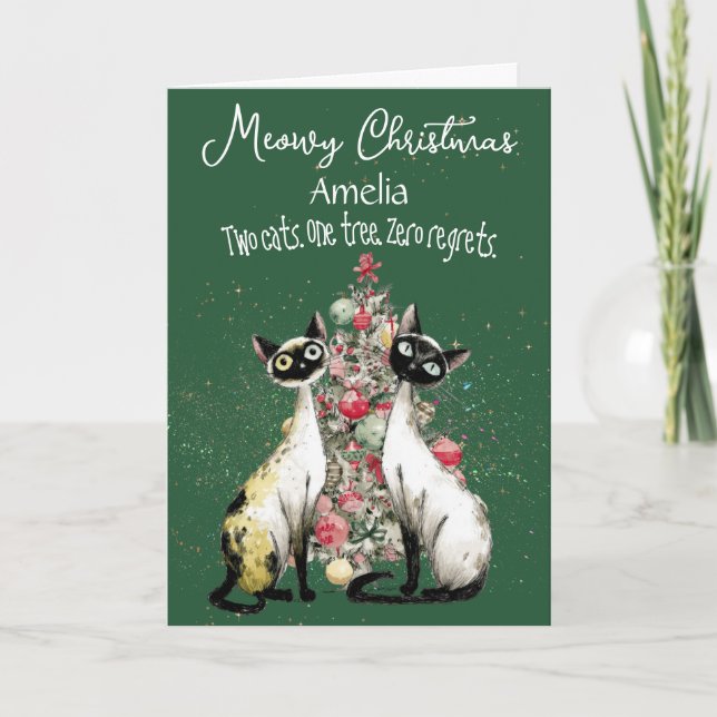 Cartão Siamese Cats In Front Of A Tree Christmas Card (Frente)